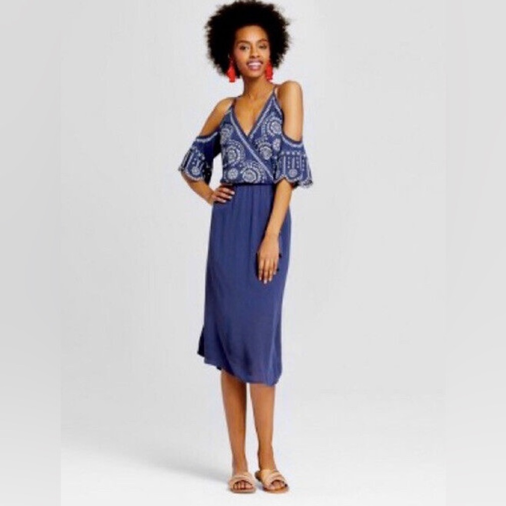 Embroidered Open Shoulder Midi